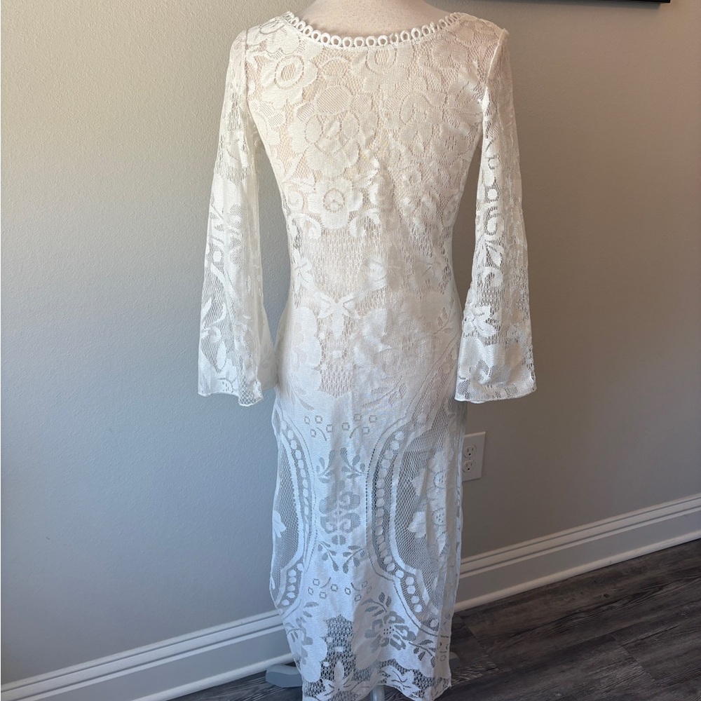 White Lace Midi Dress | Bell Sleeves | Deep V Neck | Boho Romantic - Picture 3 of 11